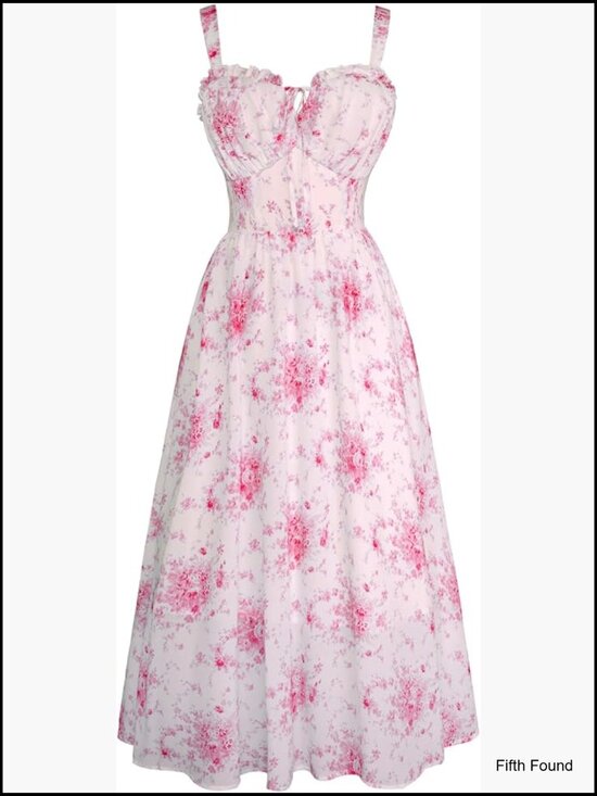 Dresses & Skirts - Floral Corset Midi Dress with Pocket Square Neck Sleeveless A-Line Summer